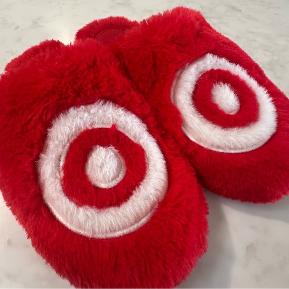 Target Red Plush Slippers with White Logo - Picture 2 of 8